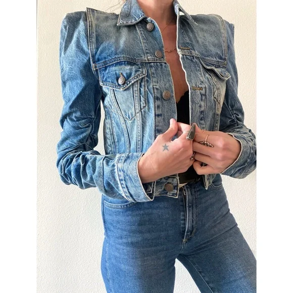 R13 Distressed Denim Jacket Structured Ruched Sleeve Jean Jacket | The Attico - Picture 3 of 13